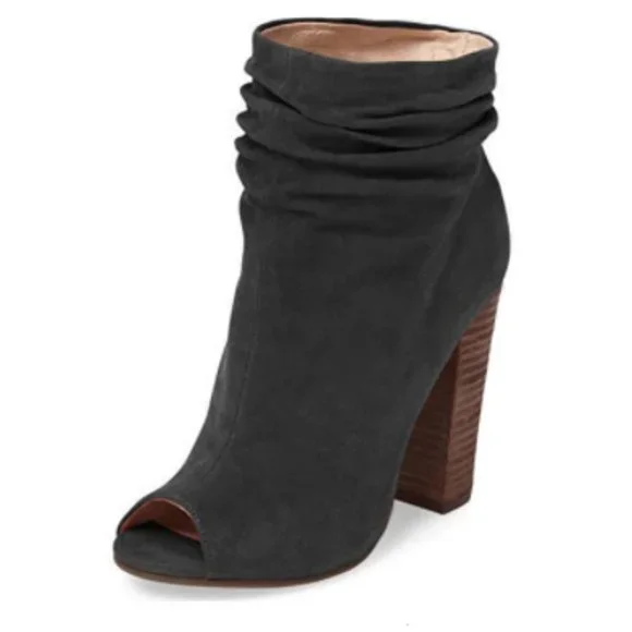 FSJ Black Stylish Peep Toe Slouch Chunky Stacked Heels Ankle Boots - Picture 1 of 13